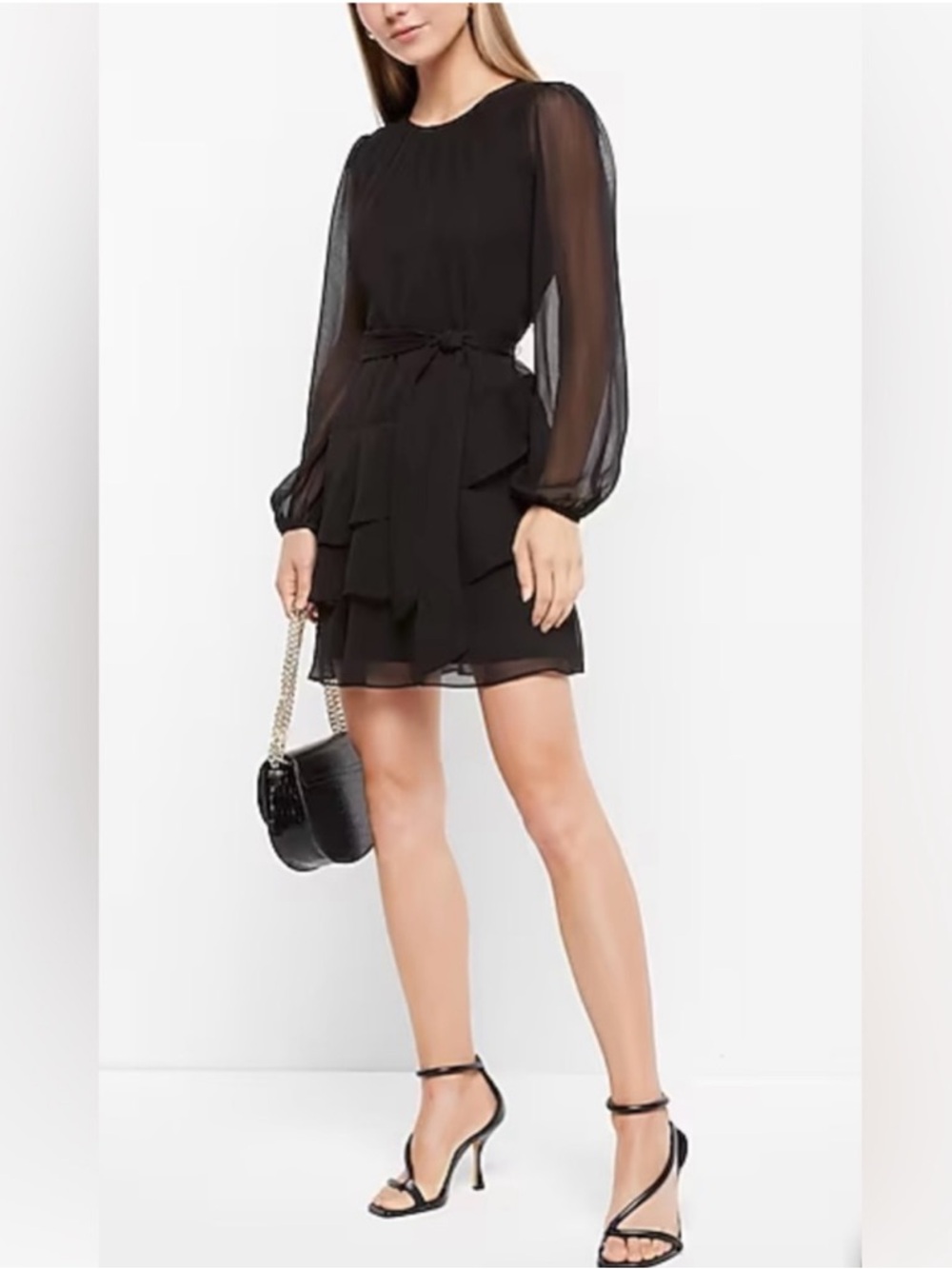 Express Dress | Long Sleeve Tie Waist Tiered Ruffle Mini Dress | Sheer | Small
